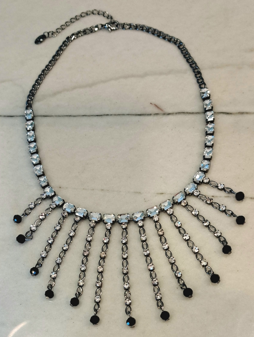 Charming Charlie Y2K Black & Silver Rhinestone Chandelier Statement Necklace